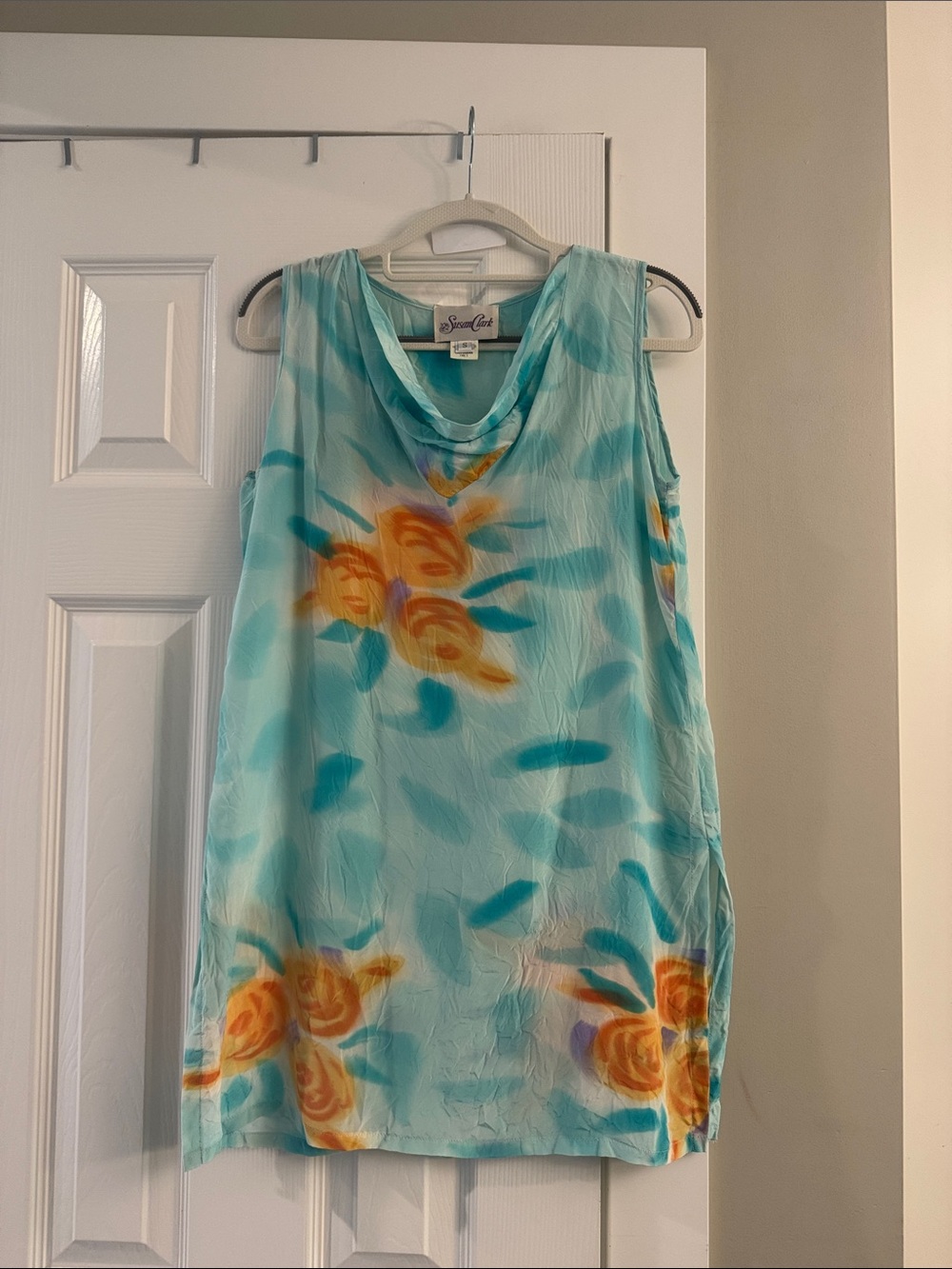 Cowl Neck Aqua Floral Tunic in Silk
